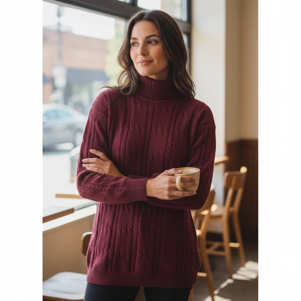 Jones New York‎ Turtleneck Cable-Knit Sweater Lambswool Angora L Burgundy 319A